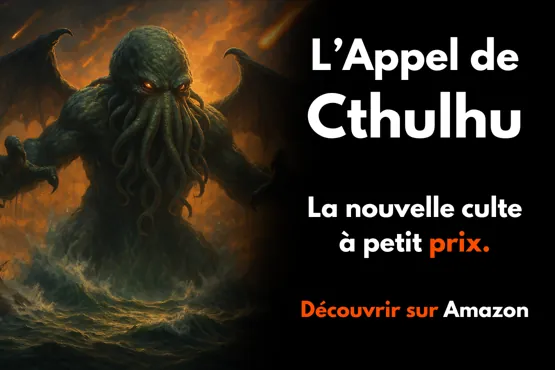 Illustration de Cthulhu surgissant des flots avec un message promotionnel pour "L'Appel de Cthulhu"