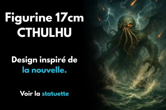 Illustration d’une statuette de Cthulhu surgissant des flots, inspirée de la nouvelle originale