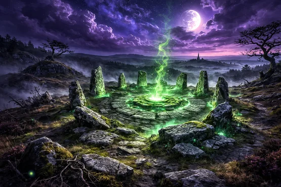 Cercle de pierres anciennes sur une colline de Dunwich, illuminé par une lueur verte surnaturelle sous un ciel violet dramatique.