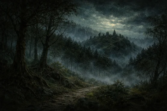 Collines boisées enveloppées de brume à Dunwich, paysage sombre et mystérieux typique de l’univers de Lovecraft.