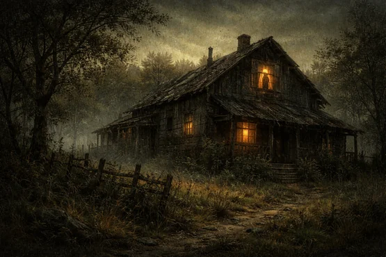 Ancienne ferme isolée des Whateley à Dunwich, maison sombre et mystérieuse dans un paysage rural brumeux inspiré de Lovecraft.