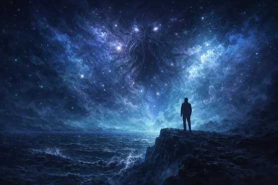Silhouette humaine face à une entité cosmique gigantesque dans un ciel étoilé, illustrant le thème de l’horreur cosmique lovecraftienne.