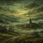 Vue panoramique du village de Dunwich plongé dans la brume au crépuscule, avec église et maisons isolées dans une vallée inquiétante.