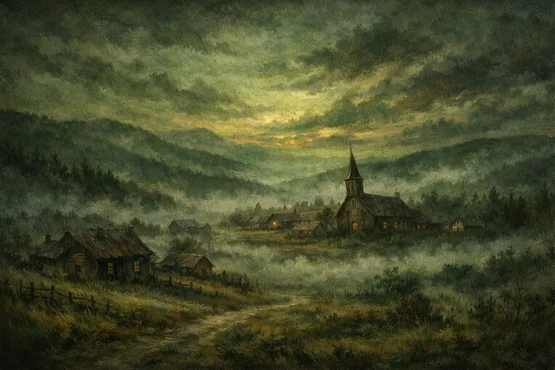 Vue panoramique du village de Dunwich plongé dans la brume au crépuscule, avec église et maisons isolées dans une vallée inquiétante.