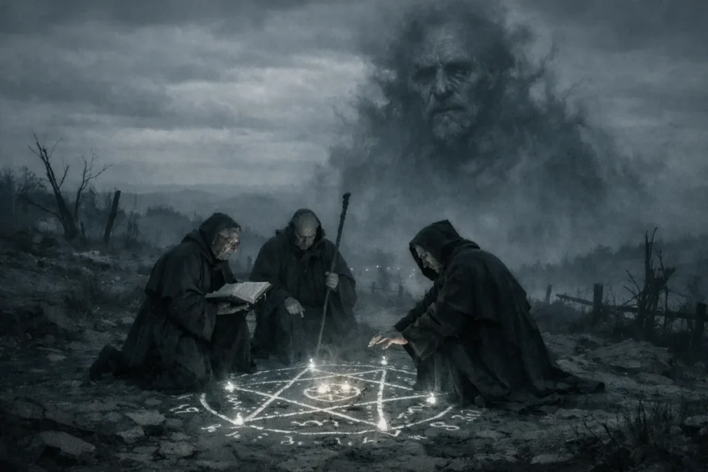 Trois figures encapuchonnées agenouillées autour d'un pentagramme lumineux tracé au sol, avec un visage spectral gigantesque flottant dans un ciel sombre et brumeux.