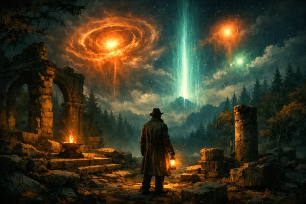 Un homme en manteau sombre tenant une lanterne traverse des ruines anciennes près d'une forêt dense sous un ciel étoilé avec trois phénomènes lumineux colorés et tourbillonnants.