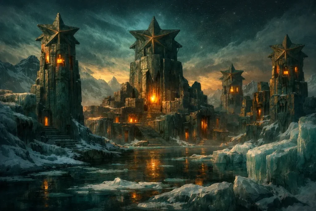 Vue d'une cité faite de grandes tours en pierre sculptée avec des étoiles à cinq branches en haut, éclairées de l'intérieur, entourée de glace, de neige et d'eau sous un ciel sombre et nuageux.