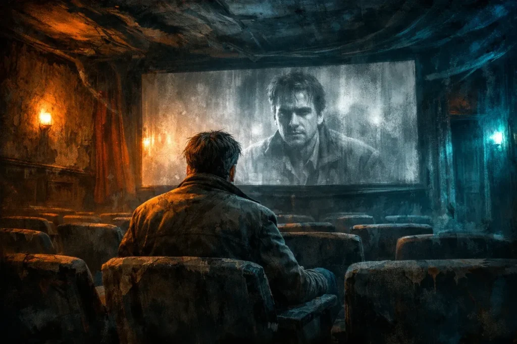 Un homme vu de dos assis dans une salle de cinéma ancienne et sombre regardant un écran où est projetée l'image floue en noir et blanc d'un homme au visage sérieux.