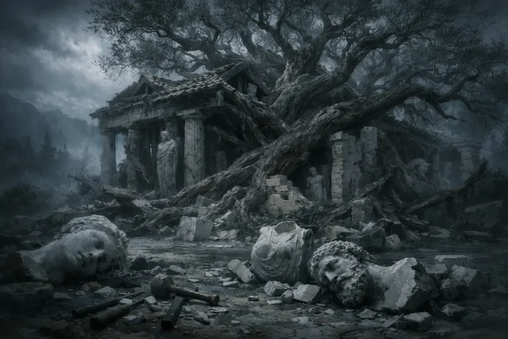 Ruines de temple ancien en pierre, envahies par un arbre massif aux branches épaisses, avec plusieurs statues brisées au sol dans un environnement sombre et nuageux.