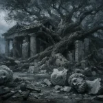 Ruines de temple ancien en pierre, envahies par un arbre massif aux branches épaisses, avec plusieurs statues brisées au sol dans un environnement sombre et nuageux.