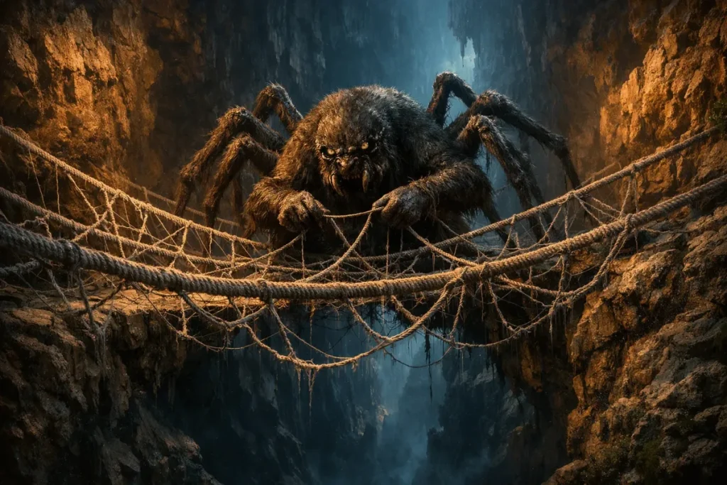 Une grande créature velue avec huit pattes et un visage menaçant se tient sur un pont de cordes usées suspendu entre des parois rocheuses sombres dans une caverne humide.