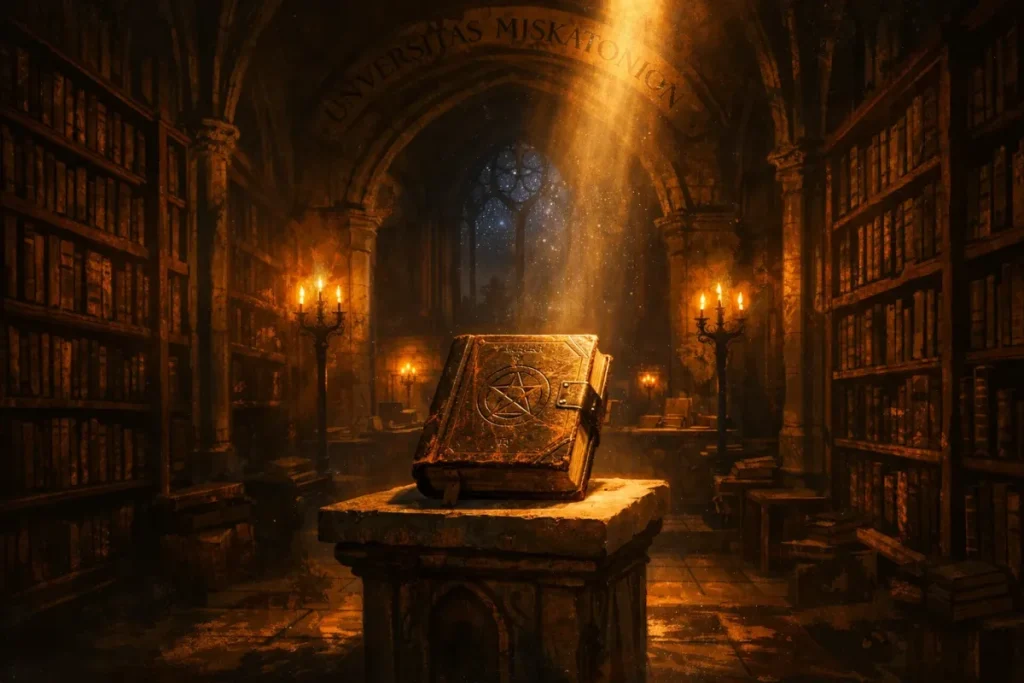 Un livre ancien avec un pentacle sur la couverture est posé sur un piédestal en pierre dans une bibliothèque sombre aux murs garnis d'étagères remplies de livres, éclairée par des candélabres.