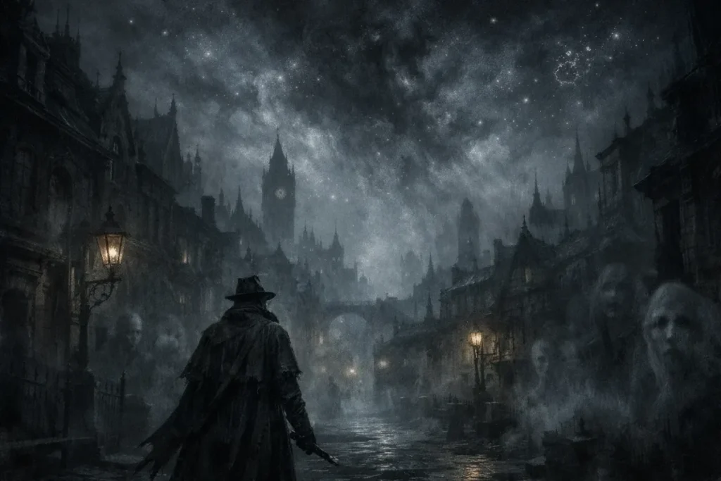 Vue d'une ville gothique sous un ciel étoilé dense, avec une silhouette encapuchonnée au premier plan et plusieurs visages fantomatiques émergeant de la nuit sur les côtés de la rue.