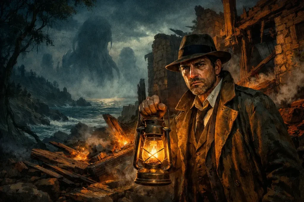 Un homme en manteau marron et chapeau tient une lanterne allumée près de ruines en feu sur une côte rocheuse avec une mer agitée et une silhouette sombre dans le brouillard à l'arrière-plan.