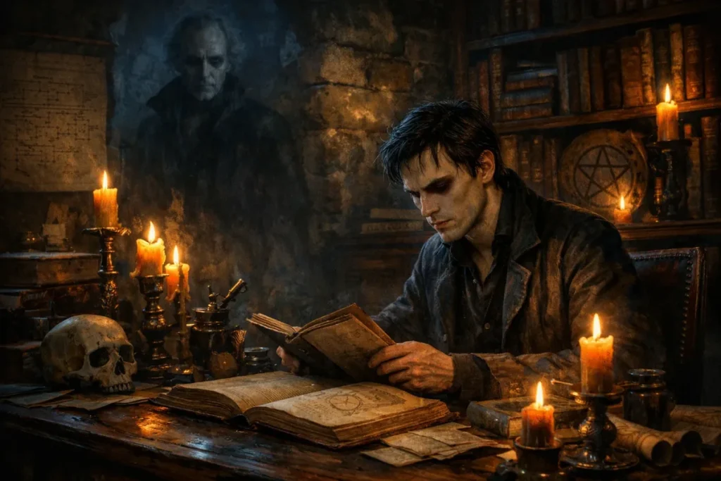 Un homme aux traits fatigués lit un vieux livre près d'une table en bois surchargée de bougies, parchemins, crâne et objets anciens, avec une silhouette sombre derrière lui sur un mur de pierre.