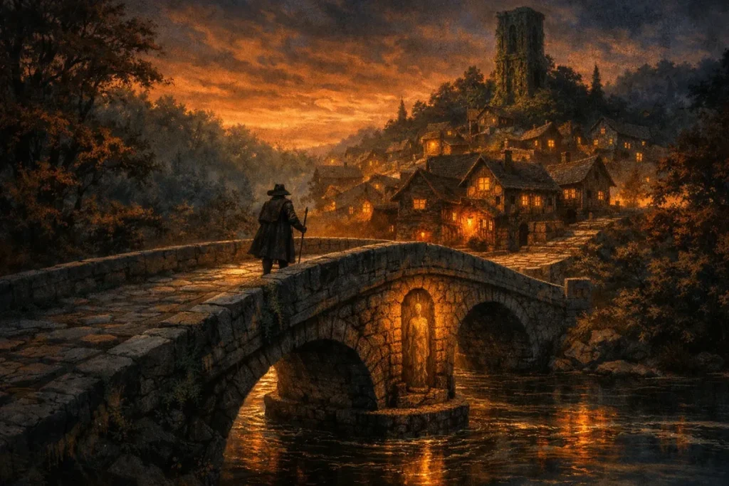 Un personnage en manteau et chapeau traverse un pont en pierre au-dessus d'une rivière; au loin, un village aux maisons éclairées et une haute tour sous un ciel orangé au coucher du soleil.