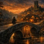 Un personnage en manteau et chapeau traverse un pont en pierre au-dessus d'une rivière; au loin, un village aux maisons éclairées et une haute tour sous un ciel orangé au coucher du soleil.