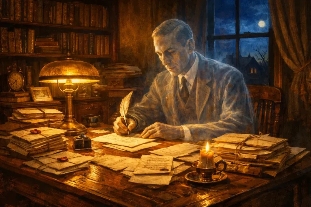 Illustration d'un homme en costume écrivant à la plume sur un bureau en bois, entouré de piles de lettres, sous une lampe allumée avec une bougie sur la table, nuit et pleine lune visibles par la fenêtre.