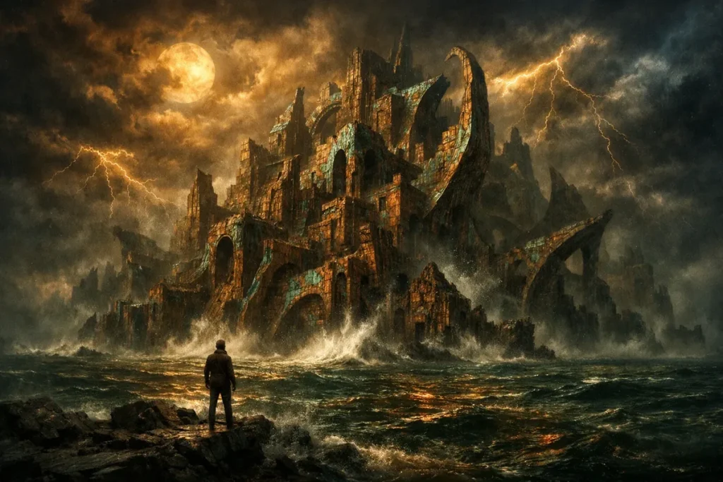 Une silhouette humaine observe une immense construction en ruines aux formes étranges, surplombant une mer agitée sous un ciel orageux et éclairé par une pleine lune orange.