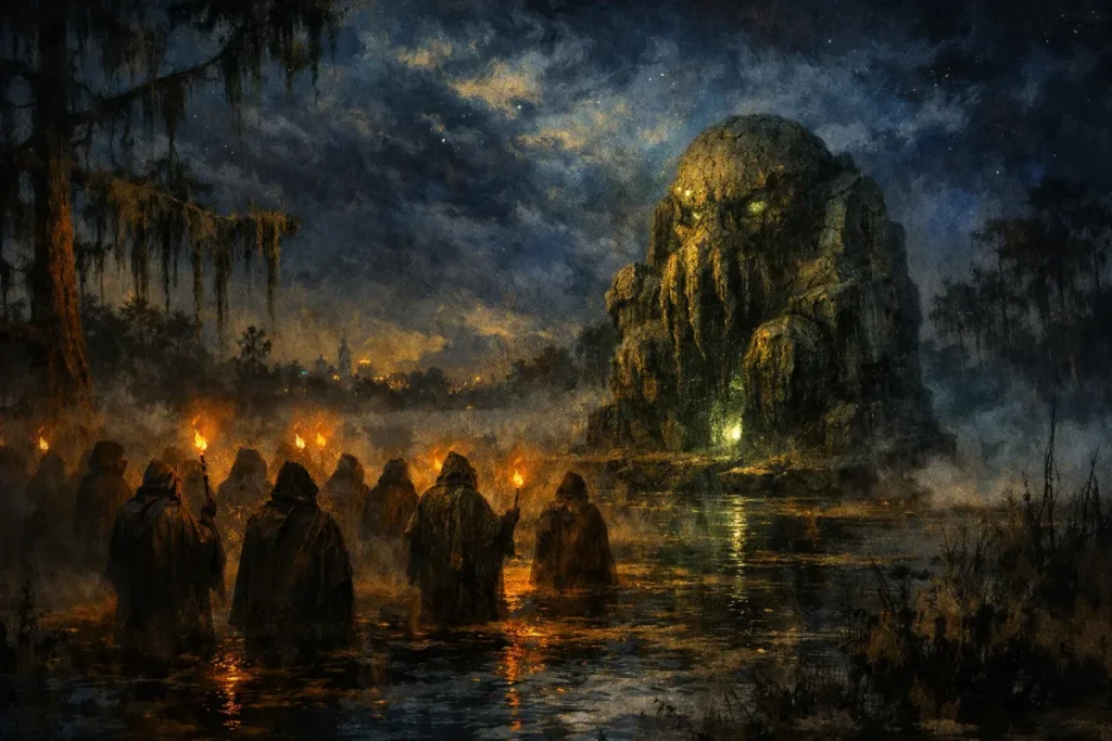 Un groupe de silhouettes encapuchonnées portant des torches avancent dans une étendue d'eau sombre vers une grande statue rocheuse aux yeux lumineux dans une atmosphère brumeuse et nocturne.