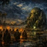 Un groupe de silhouettes encapuchonnées portant des torches avancent dans une étendue d'eau sombre vers une grande statue rocheuse aux yeux lumineux dans une atmosphère brumeuse et nocturne.
