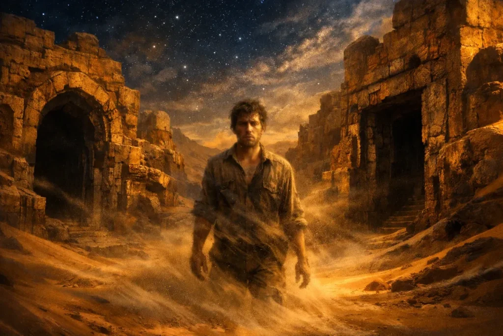 Un homme traverse un paysage désertique avec des ruines en pierre de chaque côté, sous un ciel étoilé avec des poussières de sable autour de lui