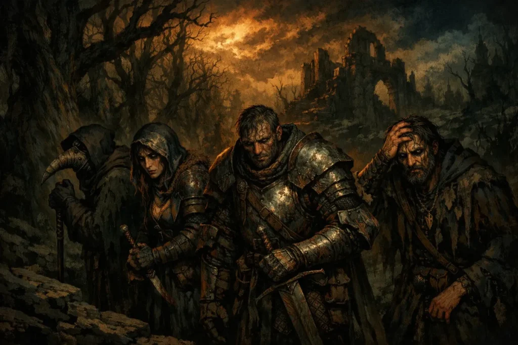Quatre personnages en armures et vêtements sombres se tiennent dans une forêt lugubre, au sol rocheux, avec des ruines anciennes et un ciel orageux en arrière-plan.