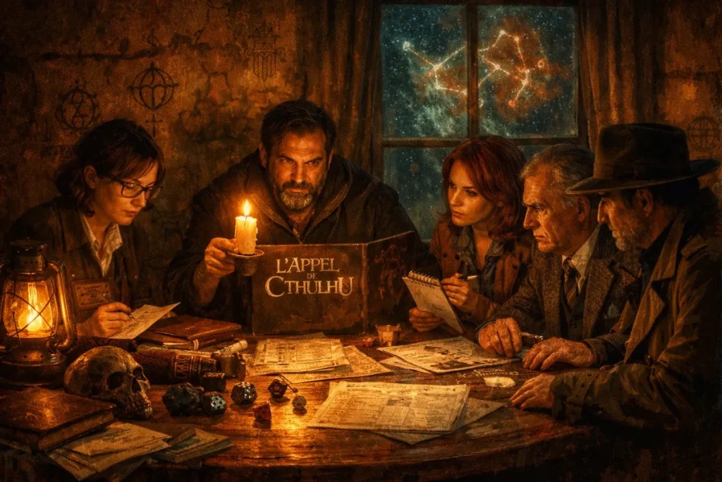 Cinq personnes assises autour d'une table chargée de papiers, livres, et dés, éclairées par une bougie et une lampe à pétrole, avec une fenêtre montrant des constellations lumineuses.