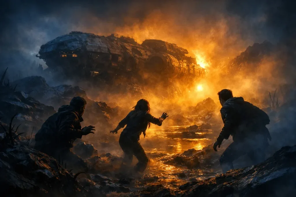 Trois personnes en position accroupie observent un grand vaisseau spatial en feu échoué sur un terrain rocheux et sombre, éclairé par une intense lumière orange et des flammes.
