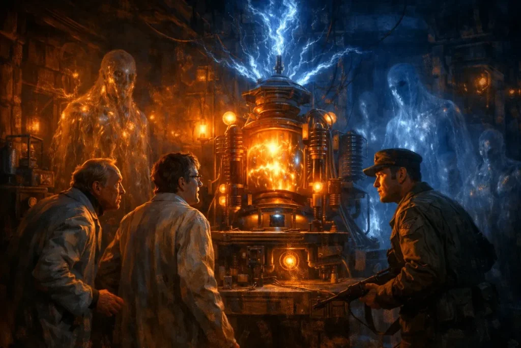 Trois hommes observant une machine complexe émettant une lumière orange intense, entourée de silhouettes translucides bleues et orange dans une pièce sombre et mystérieuse.