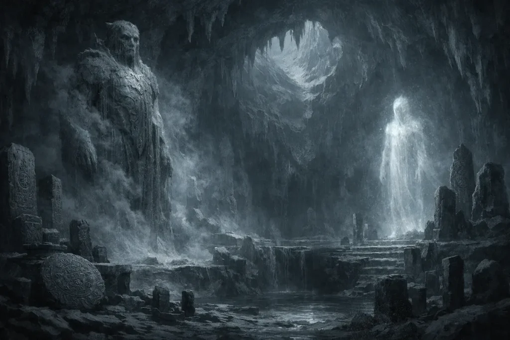 Dans une grotte sombre et brumeuse, deux grandes figures mystérieuses se font face : l'une semble être une statue de pierre massivement sculptée, l'autre une silhouette lumineuse et éthérée au milieu de ruines anciennes.