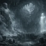 Dans une grotte sombre et brumeuse, deux grandes figures mystérieuses se font face : l'une semble être une statue de pierre massivement sculptée, l'autre une silhouette lumineuse et éthérée au milieu de ruines anciennes.
