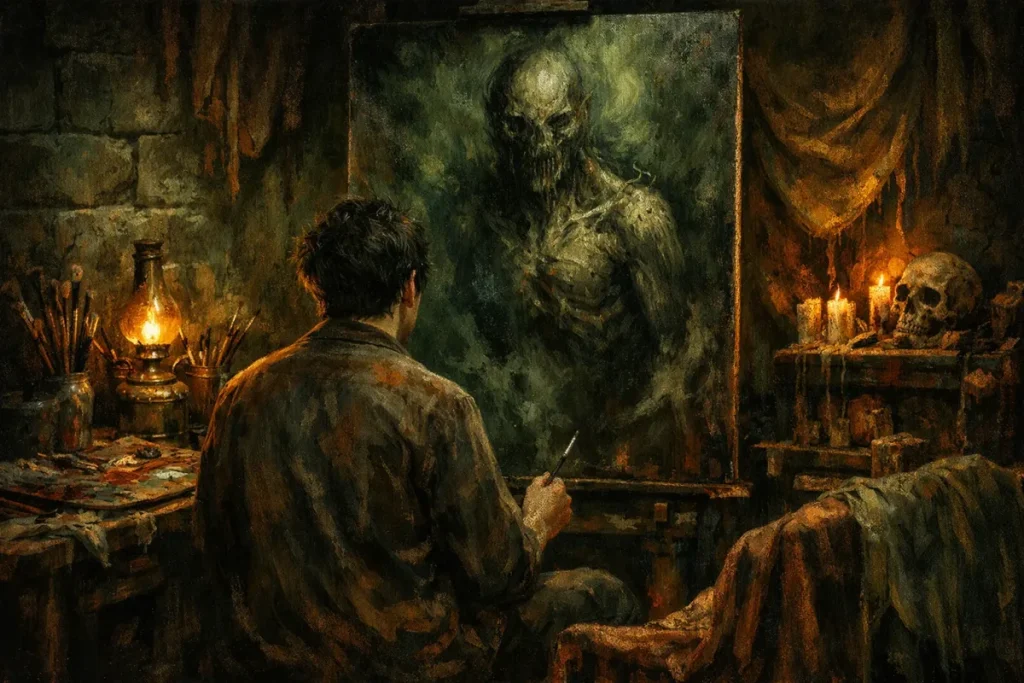 Un homme vu de dos peint une toile montrant une créature humanoïde ténébreuse au torse squelettique, dans un atelier sombre avec une lampe à huile, des pinceaux et un crâne éclairé par des bougies.