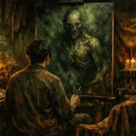 Un homme vu de dos peint une toile montrant une créature humanoïde ténébreuse au torse squelettique, dans un atelier sombre avec une lampe à huile, des pinceaux et un crâne éclairé par des bougies.