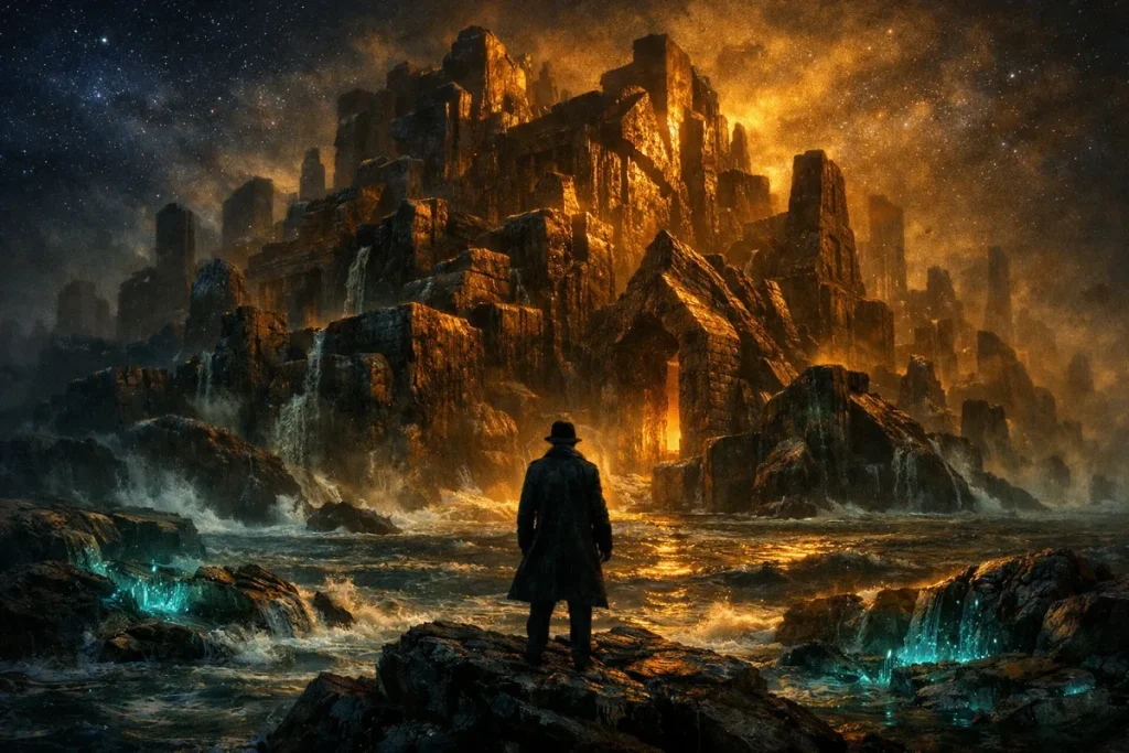 Un homme en manteau sombre et chapeau se tient sur des rochers, face à une immense cité de pierre illuminée d'une lueur orangée sous un ciel étoilé, avec des eaux tumultueuses et des reflets bleutés.