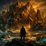 Un homme en manteau sombre et chapeau se tient sur des rochers, face à une immense cité de pierre illuminée d'une lueur orangée sous un ciel étoilé, avec des eaux tumultueuses et des reflets bleutés.
