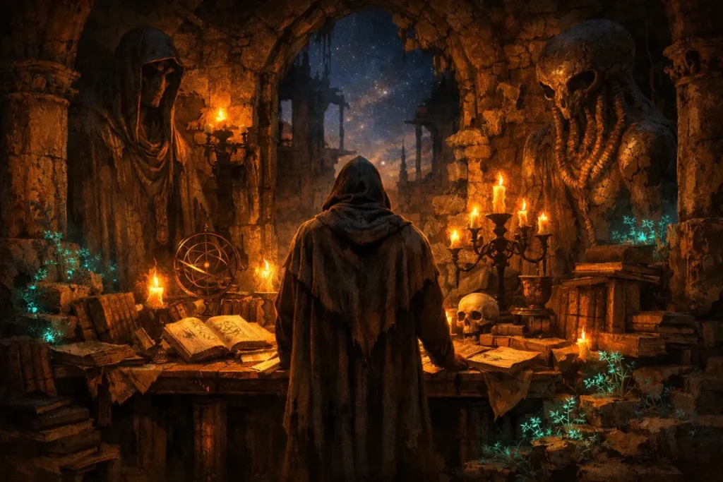 Un personnage encapuchonné debout devant une table couverte de vieux livres et parchemins dans une ruine en pierre, entouré de statues mystérieuses, crâne et chandeliers allumés sous un ciel étoilé.