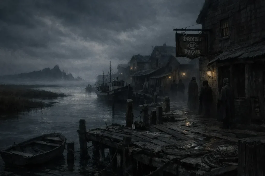 Un quai en bois usé bordant un port avec bateaux amarrés, maisons sombres et quelques silhouettes sous un ciel nocturne orageux et brumeux