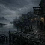 Un quai en bois usé bordant un port avec bateaux amarrés, maisons sombres et quelques silhouettes sous un ciel nocturne orageux et brumeux