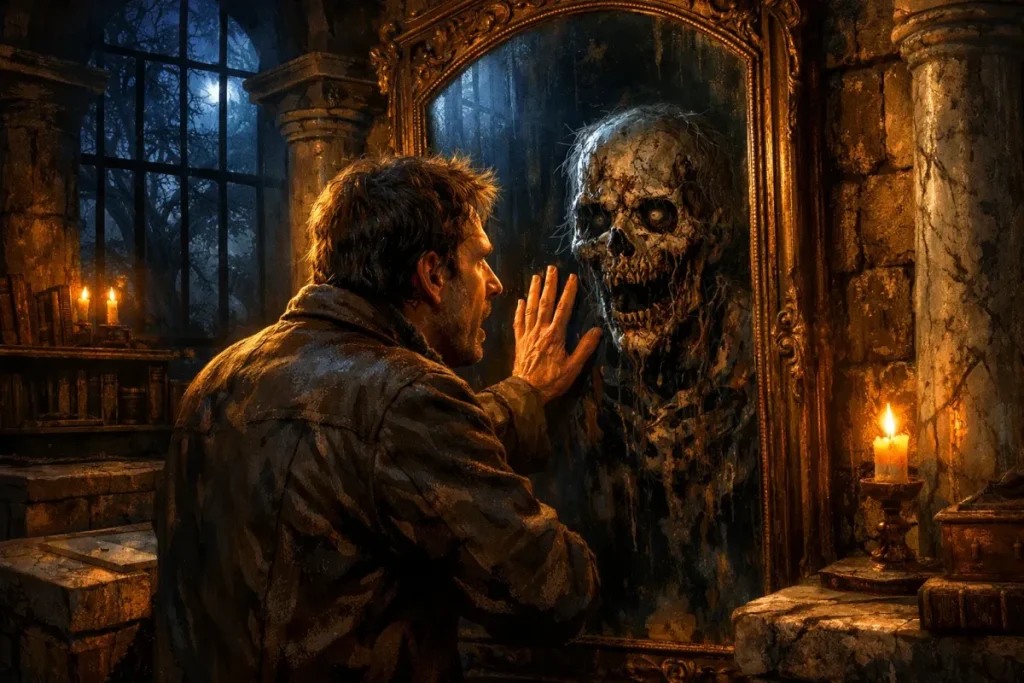 Un homme touche un miroir ancien dans une pièce en pierre sombre éclairée par une bougie, son reflet montre un squelette avec des orbites vides et une expression effrayante.