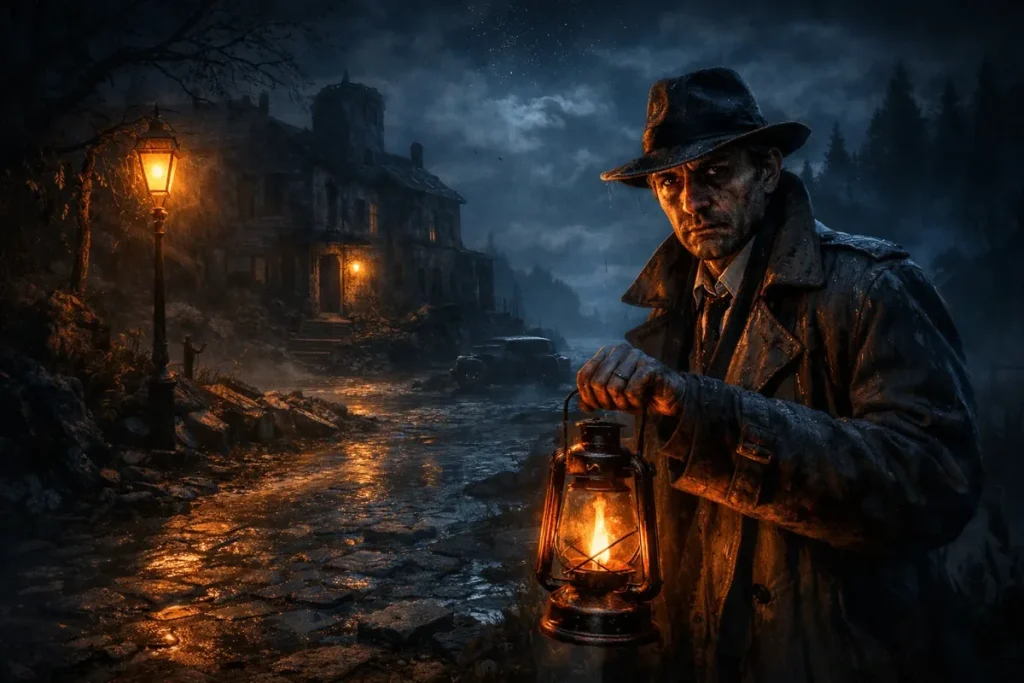 Un homme en imperméable et chapeau tient une lanterne allumée sur un chemin pavé humide, devant une maison ancienne éclairée par un lampadaire et une lumière interne, sous un ciel nuageux nocturne.