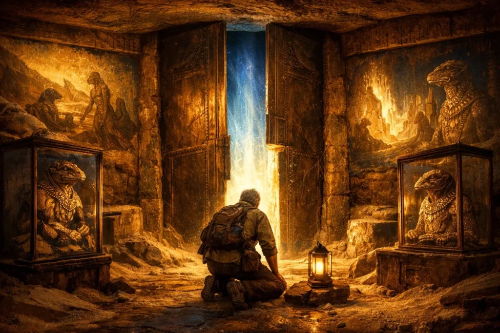 Un homme agenouillé devant une grande porte en pierre ouverte laissant échapper une lumière intense, entouré de sculptures de créatures reptiliennes et de fresques murales dans une caverne sombre.