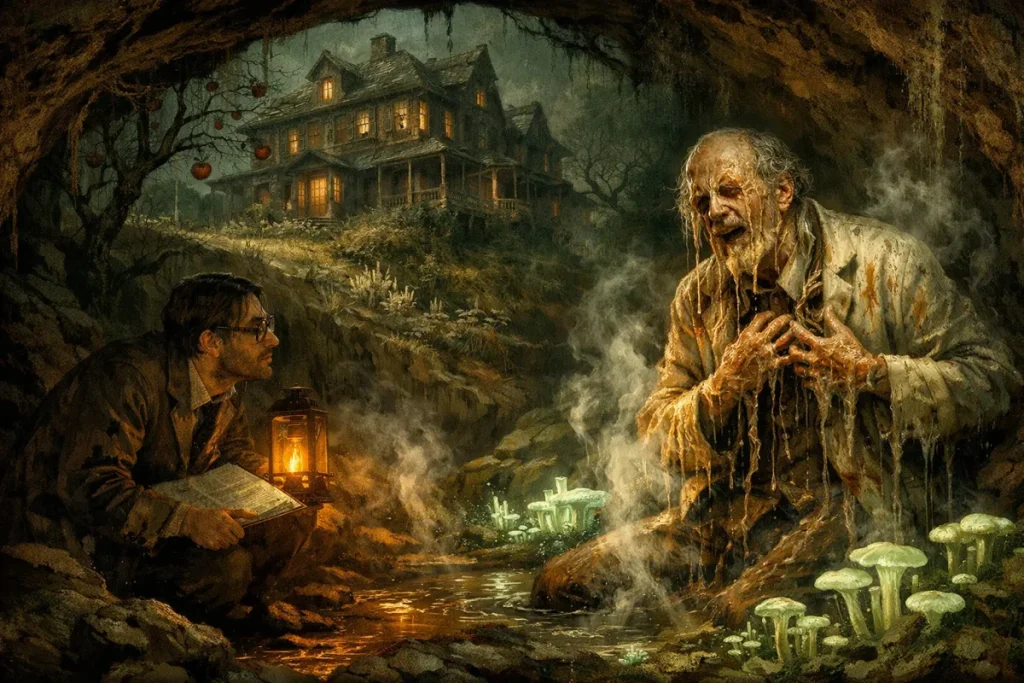 Un homme avec une lampe à huile et un cahier observe une créature humanoïde couverte de matières visqueuses dans une grotte sombre, avec une grande maison éclairée en arrière-plan sous un ciel nocturne.