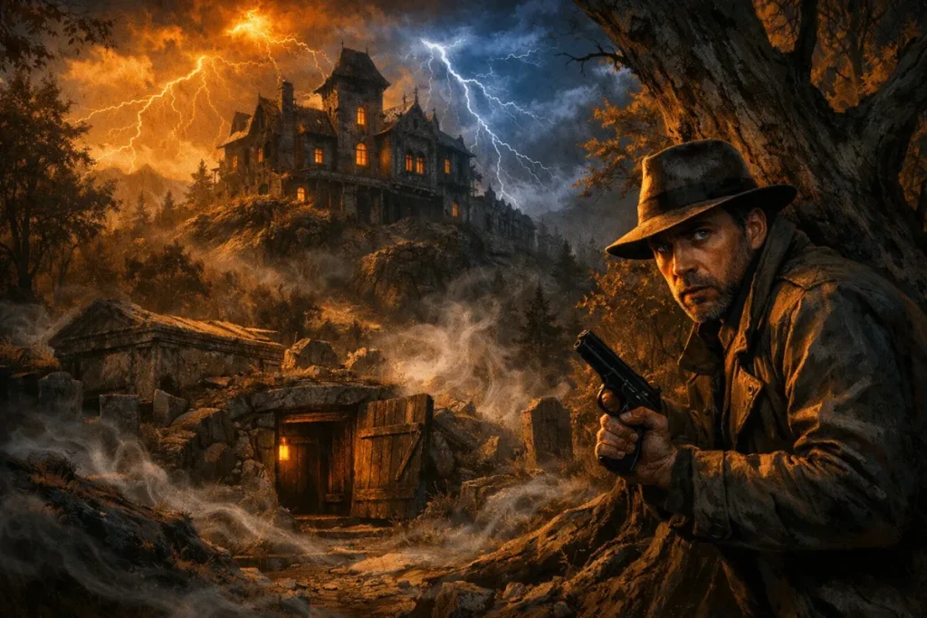 Un homme en manteau et chapeau tient un pistolet, caché derrière un arbre près d'une vieille maison en pierre sur une colline, avec un orage et éclairs dans le ciel