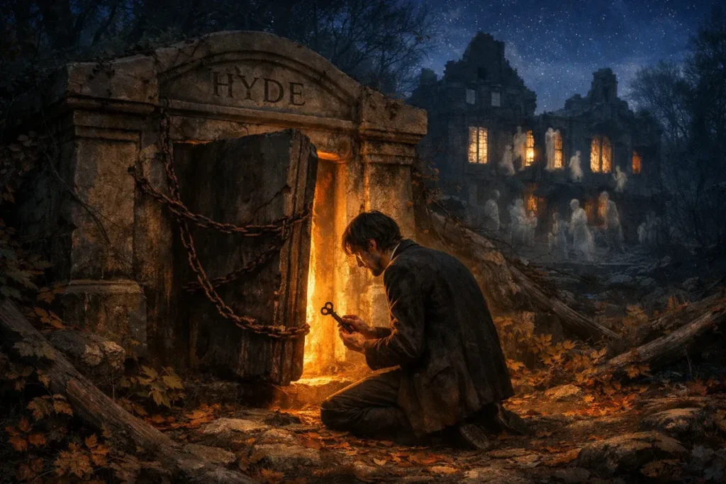 Un homme à genoux devant une tombe en pierre marquée 'HYDE', tenant une clé devant une porte en bois entrouverte libérant une lumière chaude, avec une demeure hantée et des silhouettes fantomatiques en arrière-plan