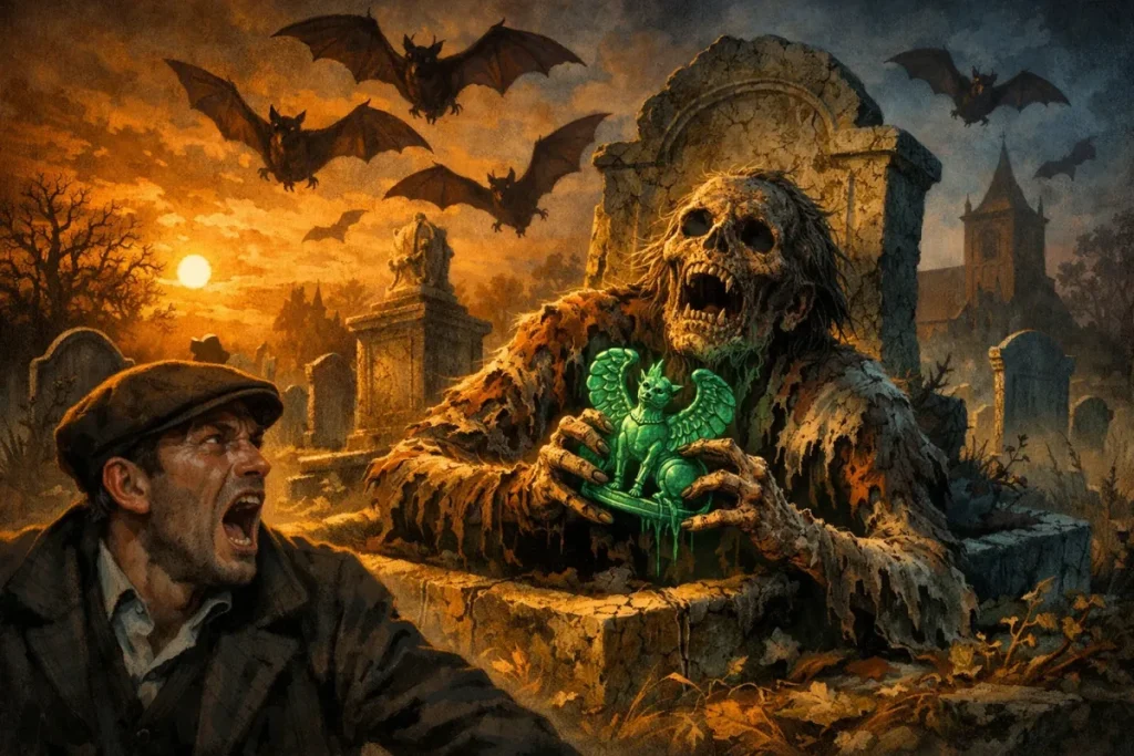 Un homme effrayé crie dans un cimetière sombre et en ruines tandis qu'un squelette en décomposition sort de la terre, tenant une statue verte ailée. Des chauves-souris volent dans un ciel orange.