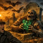 Un homme effrayé crie dans un cimetière sombre et en ruines tandis qu'un squelette en décomposition sort de la terre, tenant une statue verte ailée. Des chauves-souris volent dans un ciel orange.