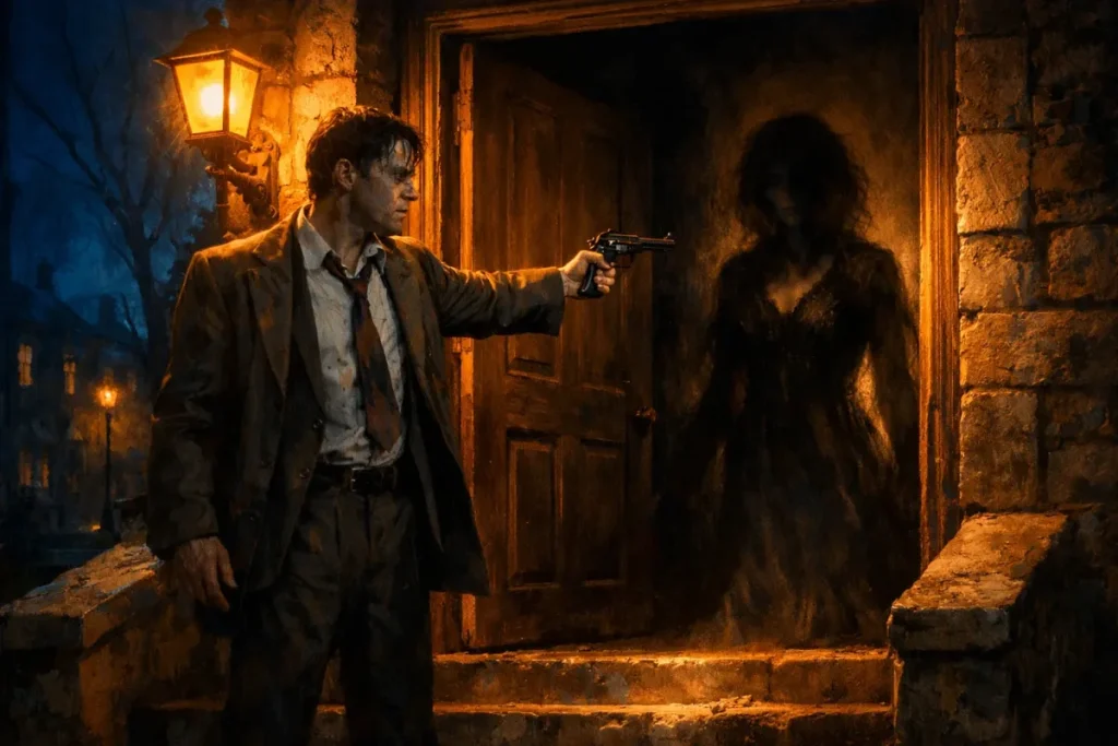 Un homme en veste sombre et cravate, arme à la main, vise une silhouette féminine obscure se tenant dans l'embrasure d'une porte éclairée par une lumière chaude sur un mur en pierre.