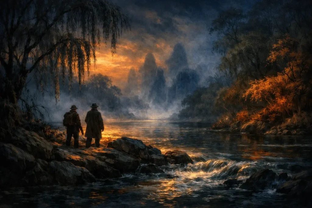 Deux personnes debout sur un rocher au bord d'une rivière agitée, entourées d'arbres et baignée par un coucher de soleil orange sous un ciel nuageux et brumeux.