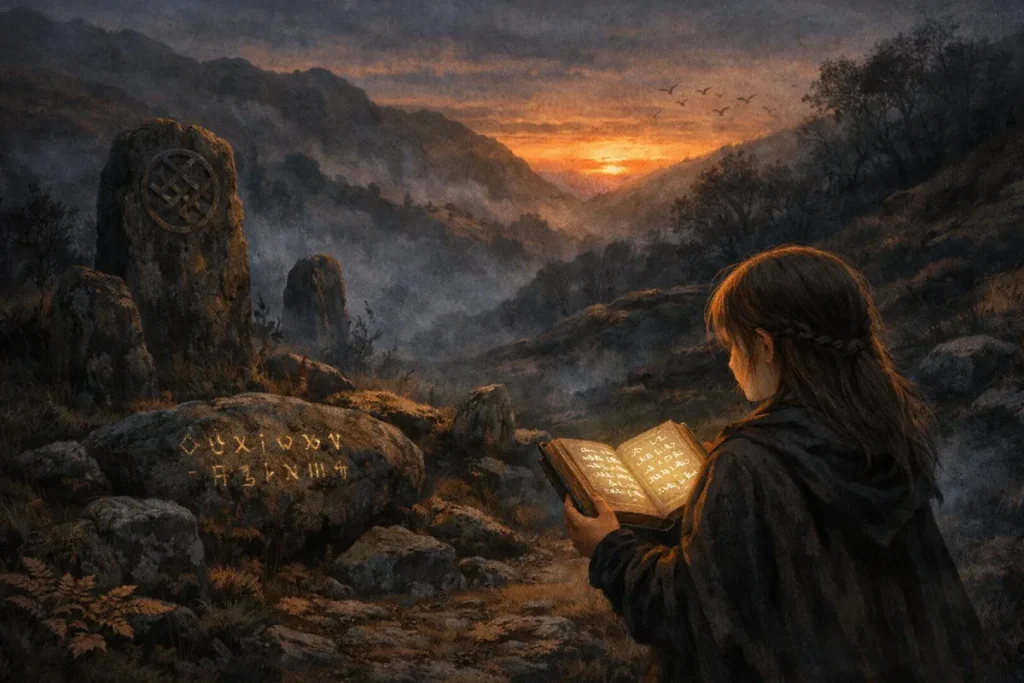 Une personne aux longs cheveux foncés lit un livre ouvert avec des inscriptions lumineuses dans un paysage rocheux brumeux au coucher du soleil, face à des pierres gravées.